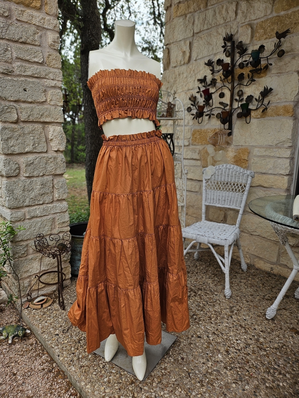 New W Tag KOURT Ellery Set Burnt Orange Cotton Tiered Skirt & Bandeau Frilly Top